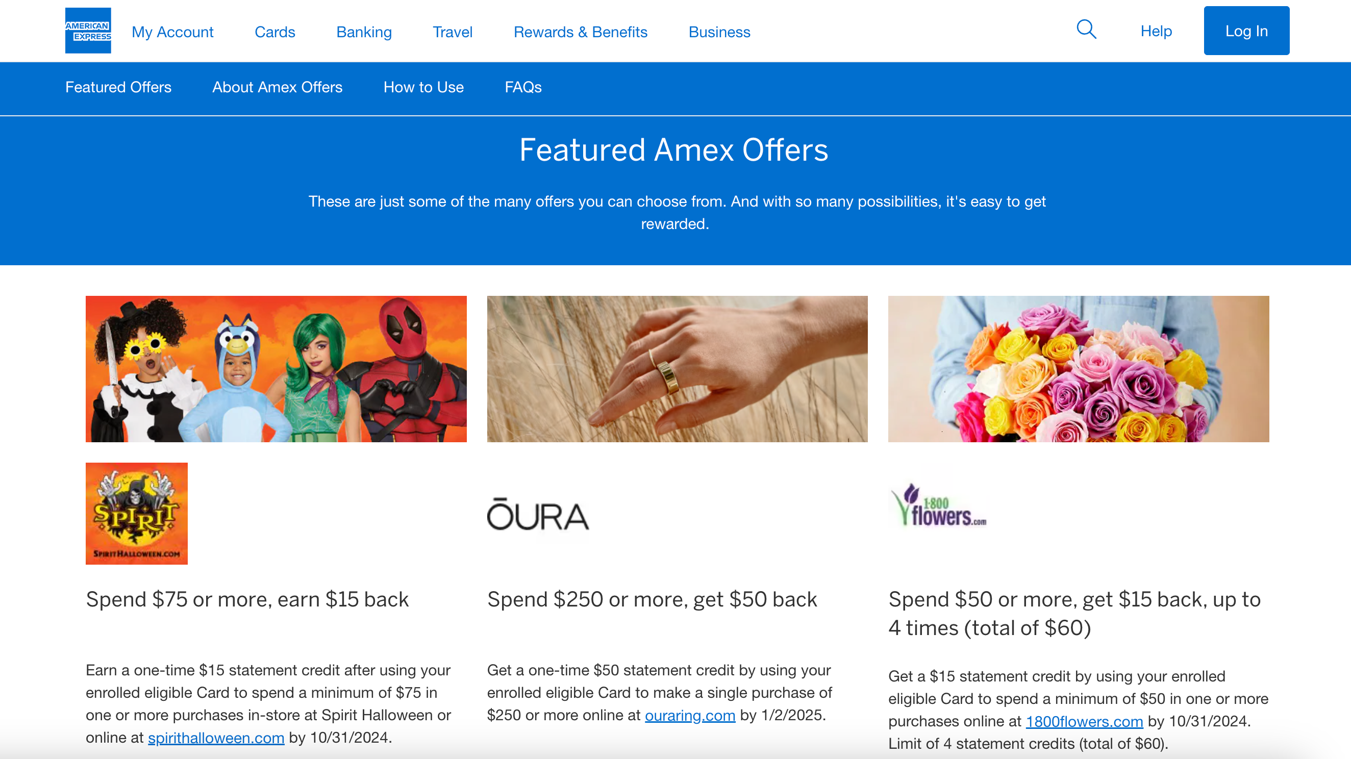 Screenshot displaying American Express features targeted offers